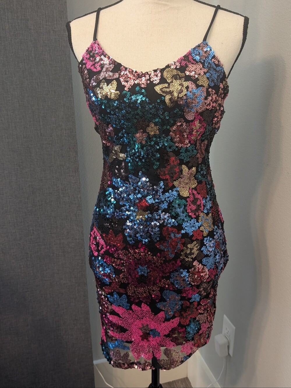 Midnight Doll Sequin Floral Open Back Mini Dress Black Multi Size M NWT